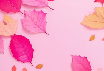 Multicolored set autumn leaves on pink pastel