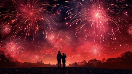 Fototapeta na wymiar Silhouette of loving couple looking at fireworks on night sky background
