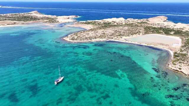 Aerial drone video of Feira a paradise landscape islet of Northern part of Antiparos island, Cyclades, Greece