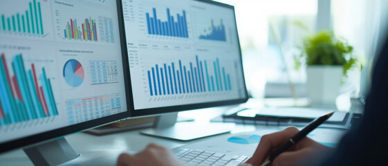 Financial analyst engrossed in multiple data reports on computer screens, decoding market complexities