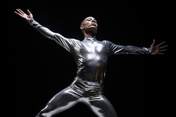 East Asian non binary person in a shimmering silver bodysuit strikes an expansive dance pose, dark...