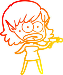 warm gradient line drawing cartoon shocked alien girl with ray gun