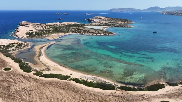Aerial drone video of Feira a paradise landscape islet of Northern part of Antiparos island, Cyclades, Greece