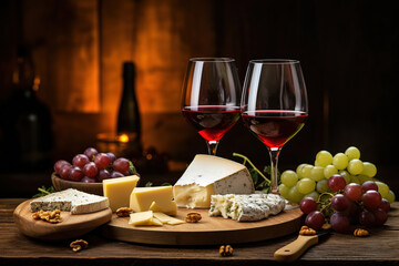 Cheese platter with assorted cheeses and wine glasses