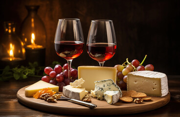 Palate-pleasing cheese plate with wine glasses