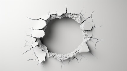 a hole in the wall with a crack on a pristine white background, the visual impact of the image, further accentuated effect to evoke a sense of mystery and artistic flair.