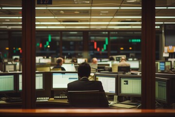 A businessman gazes across a busy trading floor, monitors display dynamic financial data