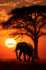 Fototapeta na wymiar Elephant Silhouette Against Spectacular Sunset - A Stunning Confluence of Nature's Grandeur and Artistic Interpretation