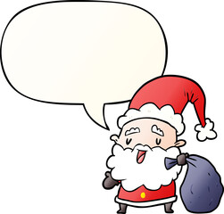 cartoon santa claus carrying sack of presents and speech bubble in smooth gradient style