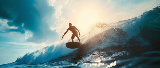 Splendor of surfing: A silhouette of a surfer on a wave at sunset, embodying freedom and adventure