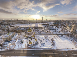 Winter Yekaterinburg and Temple on Blood in beautiful blue clear sunset. Aerial view of...
