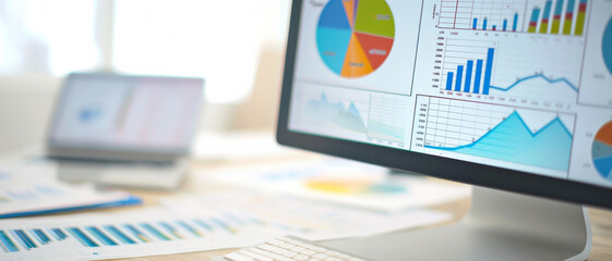Data-driven decisions: A workspace with multiple screens displaying vibrant graphs and analytics