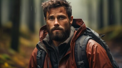 Obraz premium Caucasian young adult man lost in forest at autumn day, horror vibes. Lost male hiker, searching for the path, looking for the exit from the woods