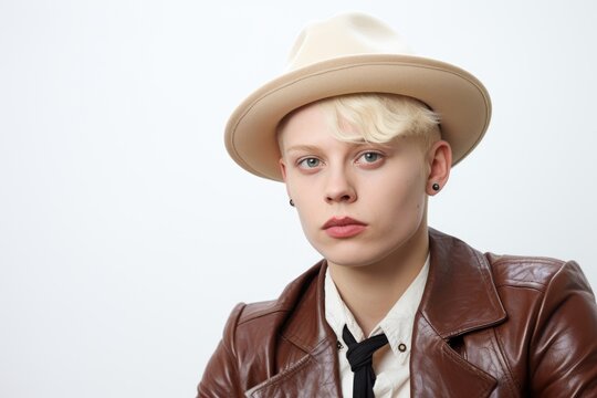 poised individual with albinism, sporting a tan hat and brown leather jacket, exudes a thoughtful demeanor - Powered by Adobe