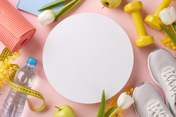 Spring fitness revival: Refresh your routine with dynamic workouts. Top view photo of apple, sneakers, water bottle, sport equipment, flowers on pastel pink background with space for promo or text