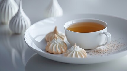 a cup of tea accompanied by luscious meringue on a pristine white plate, offering a soothing visual retreat amidst sleek design aesthetics.