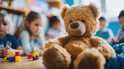 a teddy bear in the classroom as a symbol of comfort, creativity, and innovation.