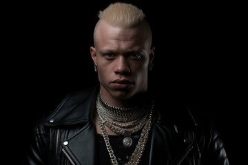 Obraz premium West African albino man models with a fierce look, donning a leather jacket and layered metallic necklaces