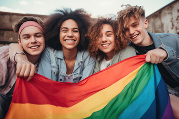 vibrant group of young adults joyfully holding a rainbow pride flag, symbolizing LGBTQ solidarity and diversity - obrazy, fototapety, plakaty