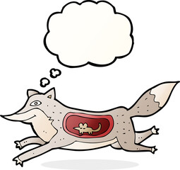 cartoon wolf with mouse in belly with thought bubble
