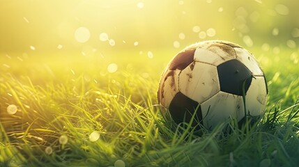 Fototapeta premium a soccer ball placed on green grass against, offering a direct view that highlights the sport's simplicity and beauty, enhanced by soft shadows and clear focus