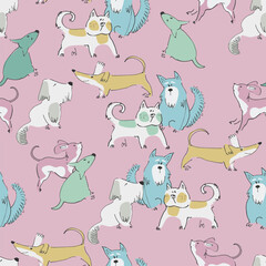 Seamless pattern with funny dogs playing. Perfect for kids. Bone, ball and terrier doodles on blue background