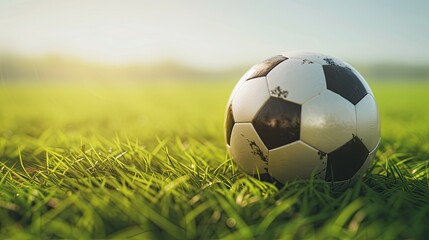 a soccer ball placed on green grass against, offering a direct view that highlights the sport's simplicity and beauty, enhanced by soft shadows and clear focus