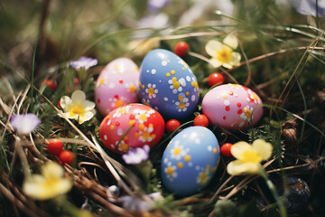 Fototapeta na wymiar beautiful painted easter eggs with flowers and berries