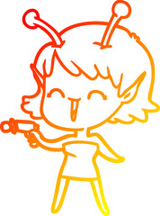 warm gradient line drawing cartoon alien girl laughing