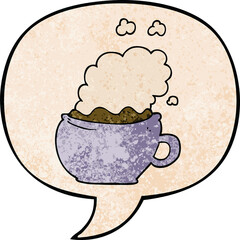 cartoon hot cup of coffee and speech bubble in retro texture style