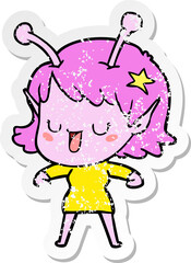 distressed sticker of a happy alien girl cartoon