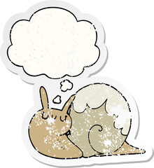cute cartoon snail and thought bubble as a distressed worn sticker