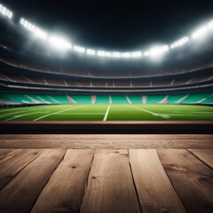 wooden table empty with a bokeh background of a stadium. Mockup template for product display. AI generation