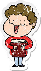 distressed sticker of a laughing cartoon man with book