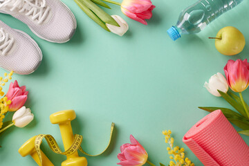 Spring revival fitness: Transform your body with dynamic workouts. Top view photo of measuring tape, yoga mat, apple, sneakers, water bottle, dumbbells, flowers on turquoise background with ad space