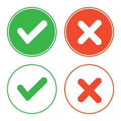 Green check mark and red cross icon. Set of simple icons in flat style: Yes-No, Approved-Disapproved, Accepted-Rejected, Right-Wrong, Ok-Not Ok. Vector illustration . Eps File 26.