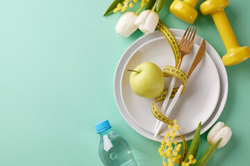 Spring renewal: how to rejuvenate your body through spring nutrition. Top view shot of plates,...