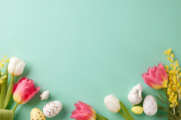 Easter in bloom: celebrating renewal and rebirth in spring. Top view photo of eggs, bunnies, fresh...