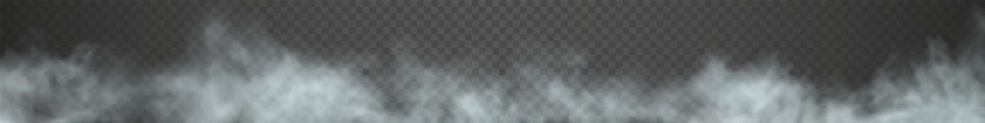 Very long cloud of smoke isolated on dark transparent background. Panorama of white realistic haze or fog. Vector illustration
