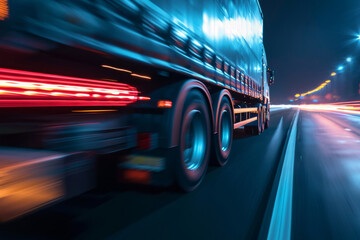 Transportation, logistic, highway traffic concept. Truck on highway, speedway, street in night...