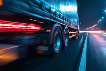 Tuinposter Transportation, logistic, highway traffic concept. Truck on highway, speedway, street in night time. Motion blur, light trails © vejaa