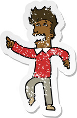 retro distressed sticker of a cartoon frightened man pointing