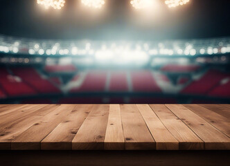 wooden table empty with a bokeh background of a stadium. Mockup template for product display. AI...