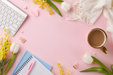 Empowering workspaces: a stylish nod to women's day at the office. Top view photo of keyboard, coffee, scarf, hearts, pen, notepad, flowers on pastel pink background with space for festive message