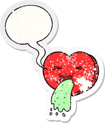 cartoon love sick heart and speech bubble distressed sticker