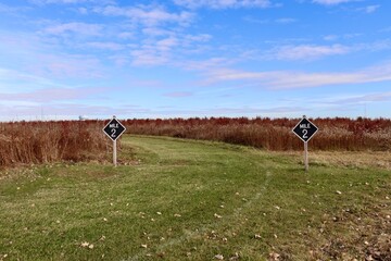 The empty grass trail in the country field on a sunny day.