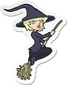 sticker of a cartoon witch riding broomstick
