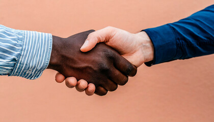 Handshake between a black man and a white man on a peach background. Day against discrimination. Zero discrimination.