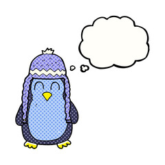 thought bubble cartoon penguin wearing hat