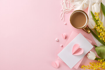 Bold and beautiful bash: commemorating Women's Day with grace and power. Top view photo of envelope, card, hearts, hot coffee, scarf, tulips, mimosa on pastel pink background with space for greetings